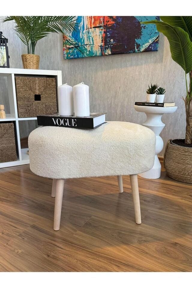 Gürgen Ahşap Ayak Kahve Teddy Kumaş Pofidik Tedy Handmade Oval Puf Sandalye