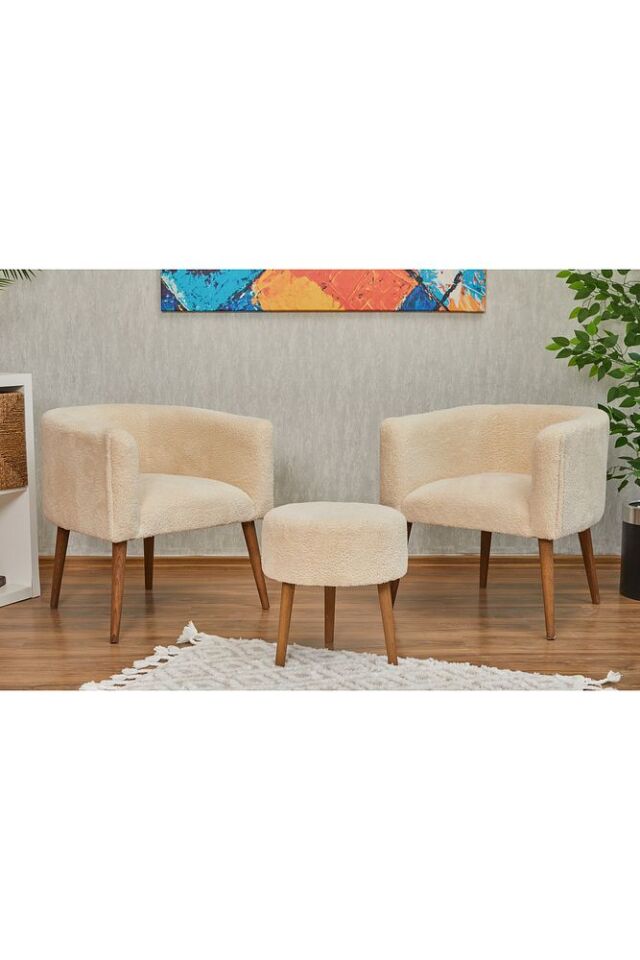 Milano Beyaz Teddy Çay Seti İkili Koltuk Berjer Ve Puf Takımı (salon, Balkon, Ofis) 3 Lü