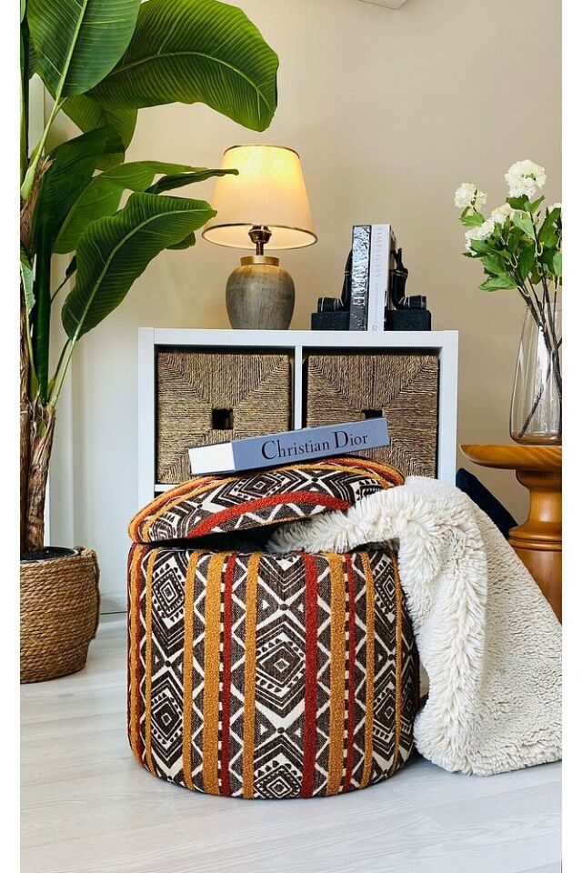 Handmade X Large Handmade Dokuma Kumaş Sandıklı Silindir Dekoratif Pufidik Puf Bench