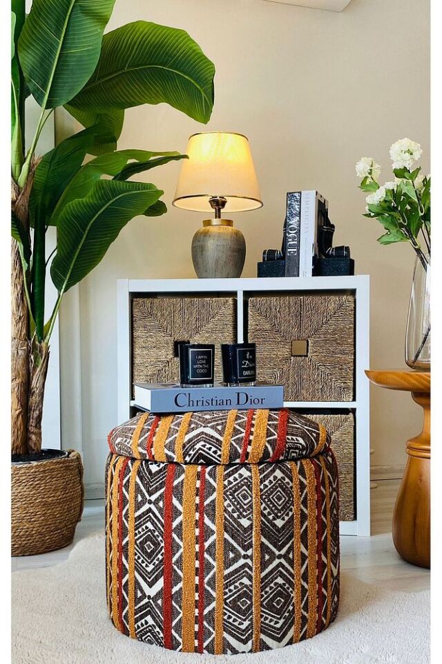 Handmade X Large Handmade Dokuma Kumaş Sandıklı Silindir Dekoratif Pufidik Puf Bench