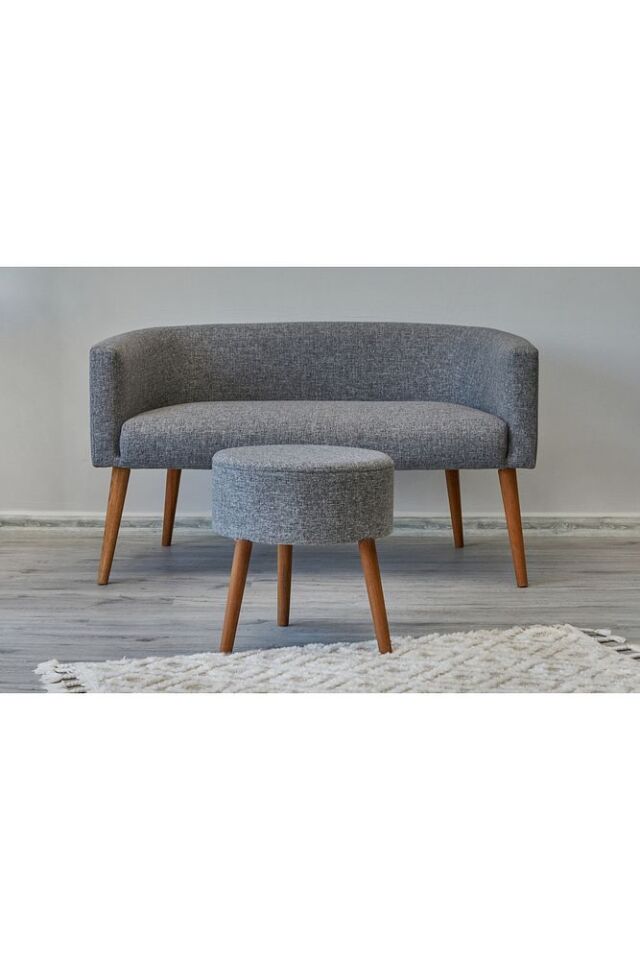 Çift kişilik Minimal Koltuk Gürgen Ağaç Ayak Milano Berjer Salon Ofis Kafe Oturma Odası PUF HEDİYELİ GRİ - Tek Ebat