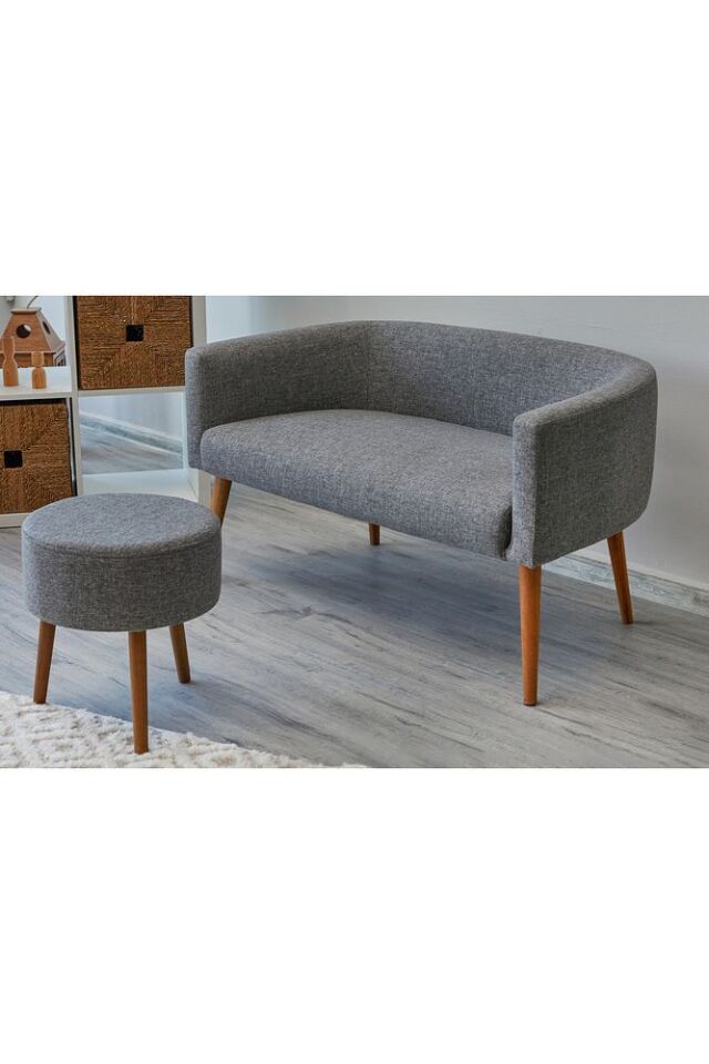 Çift kişilik Minimal Koltuk Gürgen Ağaç Ayak Milano Berjer Salon Ofis Kafe Oturma Odası PUF HEDİYELİ GRİ - Tek Ebat