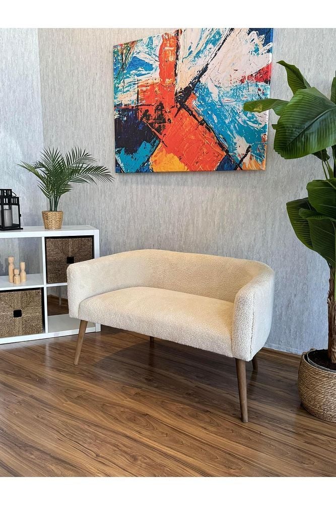 Çift kişilik Minimal Koltuk Gürgen Ağaç Ayak Milano Berjer Salon Ofis Kafe Oturma Odası PUF HEDİYELİ Krem - Tek Ebat