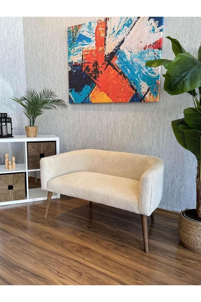 Çift kişilik Minimal Koltuk Gürgen Ağaç Ayak Milano Berjer Salon Ofis Kafe Oturma Odası PUF HEDİYELİ Krem - Tek Ebat