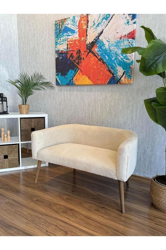Çift kişilik Minimal Koltuk Gürgen Ağaç Ayak Milano Berjer Salon Ofis Kafe Oturma Odası PUF HEDİYELİ Krem - Tek Ebat