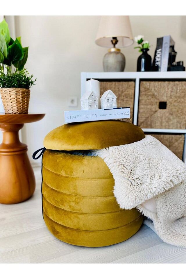 Geniş Oturum Alanlı Handmade Silinebilir Kumaş Sandıklı Silindir Dekoratif Puf Orta Sehpa
