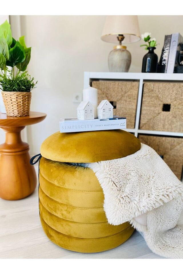 Geniş Oturum Alanlı Handmade Silinebilir Kumaş Sandıklı Silindir Dekoratif Puf Orta Sehpa