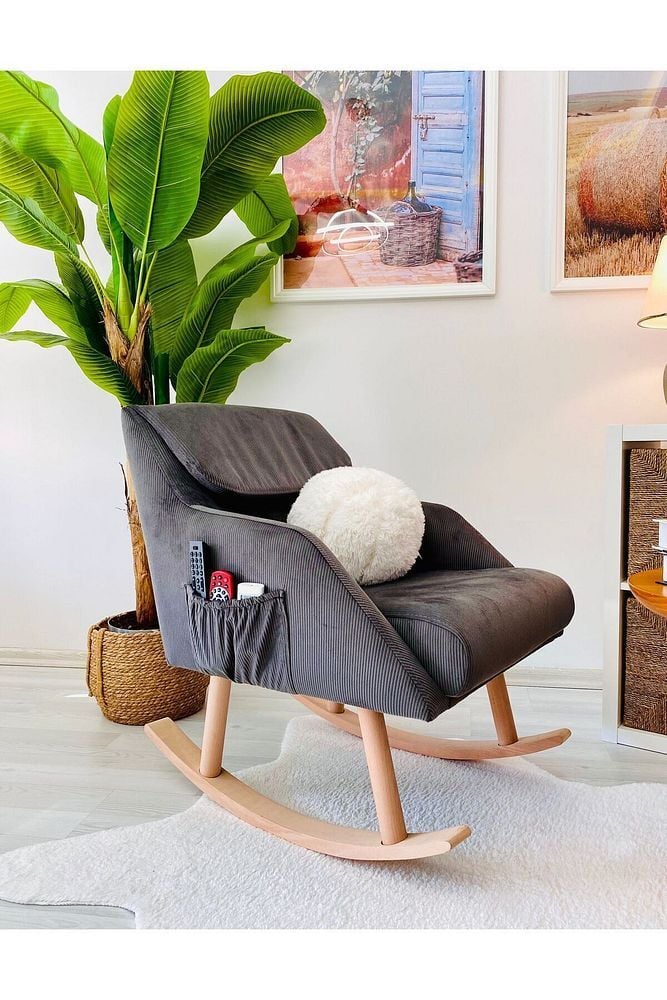 Sallanan Ahşap Ayaklı Antrasit Rengi Berjer Koltuk - Şal Hediyeli ANTRASİT - Tek Ebat