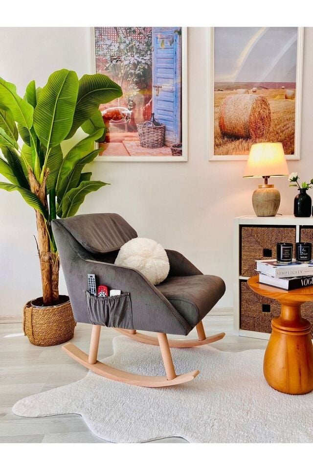 Sallanan Ahşap Ayaklı Antrasit Rengi Berjer Koltuk - Şal Hediyeli ANTRASİT - Tek Ebat