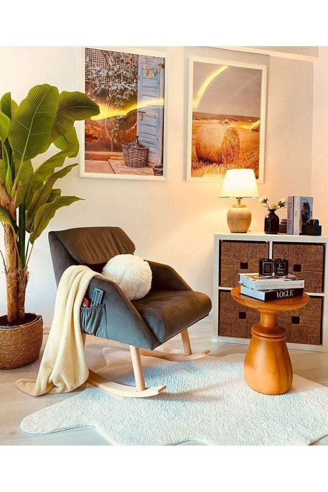 Sallanan Ahşap Ayaklı Antrasit Rengi Berjer Koltuk - Şal Hediyeli ANTRASİT - Tek Ebat