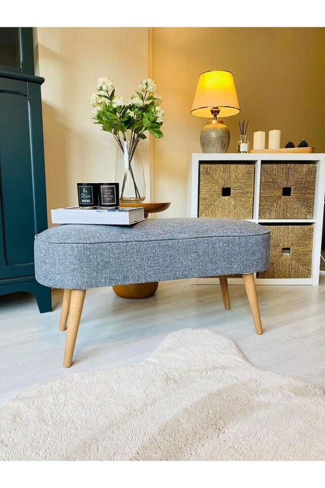 Retro Gürgen Ceviz Renk Ahşap Ayaklı Geniş Oturum Alanlı Özel Tasarım Oval Bench Gri Keten Kumaş