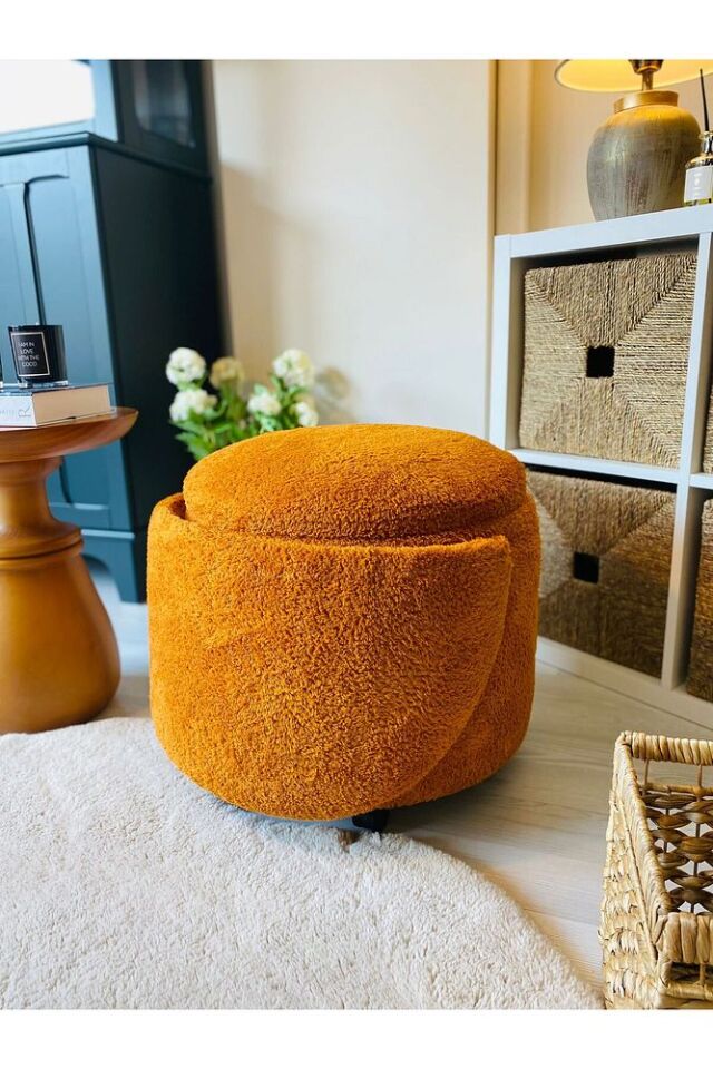 X Large Turuncu Tedy Kumaş Sandıklı Silindir Dekoratif Katlanabilir Berjer Puf Bench
