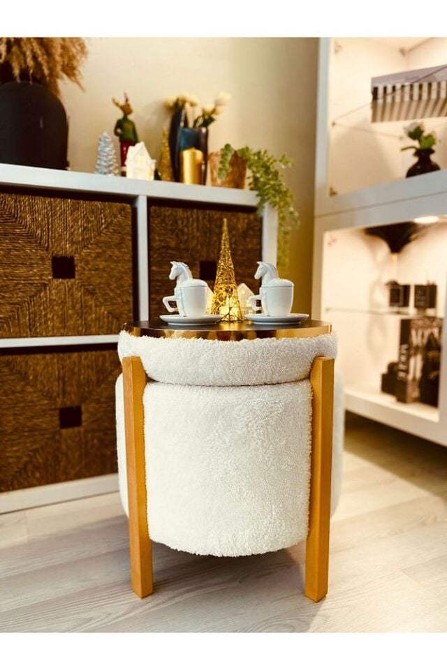 Modern Tarz Beyaz Teddy Kumaş Sandıklı Silindir Dekoratif Pufidik Puf Bench