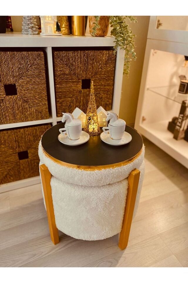 Modern Tarz Beyaz Teddy Kumaş Sandıklı Silindir Dekoratif Pufidik Puf Bench