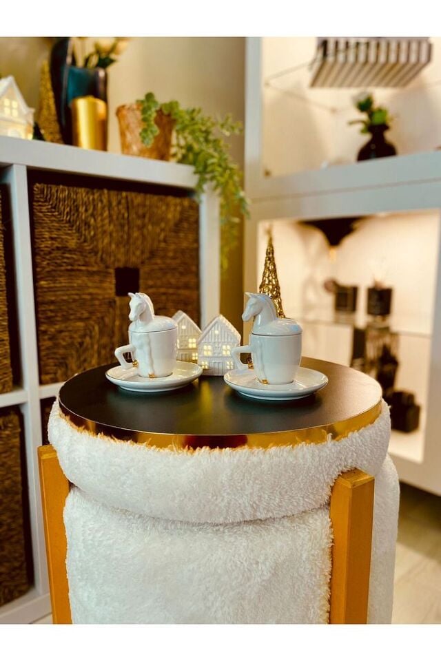 Modern Tarz Beyaz Teddy Kumaş Sandıklı Silindir Dekoratif Pufidik Puf Bench