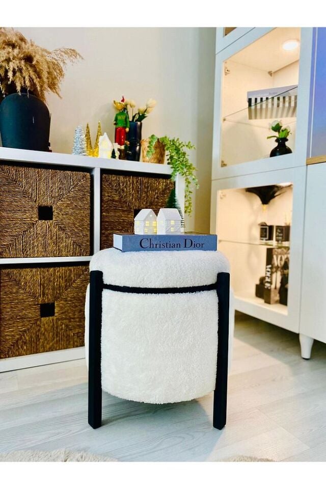 Modern Tarz Beyaz Teddy Kumaş Sandıklı Silindir Dekoratif Pufidik Puf Bench