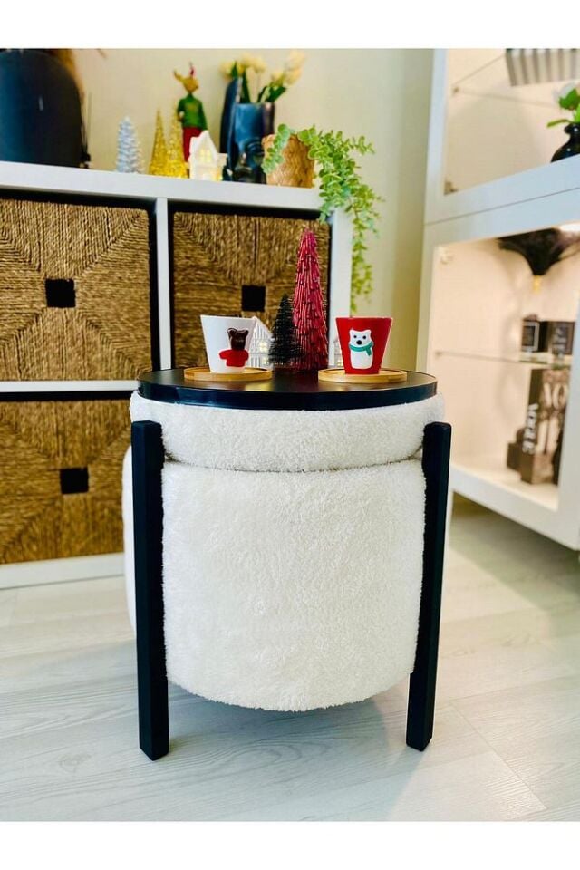Modern Tarz Beyaz Teddy Kumaş Sandıklı Silindir Dekoratif Pufidik Puf Bench
