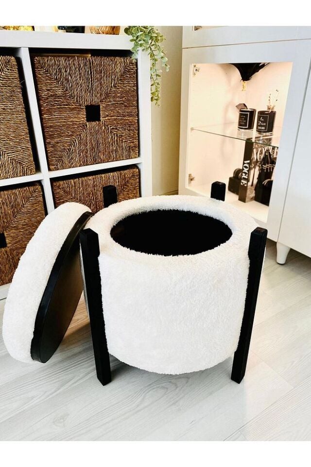 Modern Tarz Beyaz Teddy Kumaş Sandıklı Silindir Dekoratif Pufidik Puf Bench
