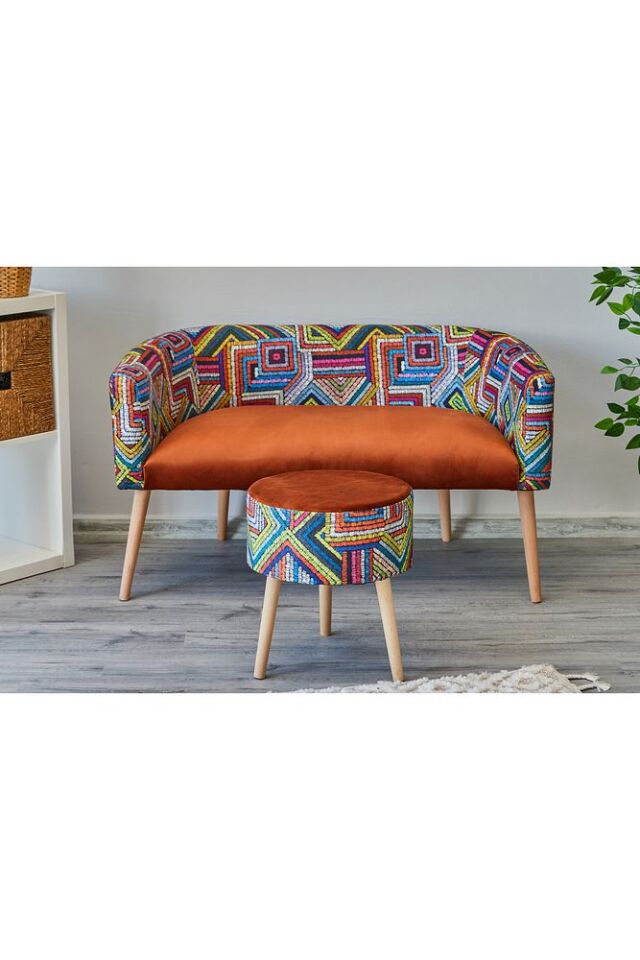 Çift kişilik Minimal Koltuk Gürgen Ağaç Ayak Milano Berjer Salon Ofis Kafe Oturma Odası PUF HEDİYELİ RENKLİ TURUNCU - Tek Ebat