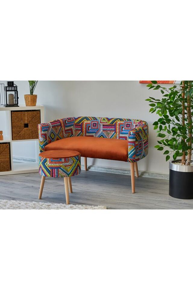 Çift kişilik Minimal Koltuk Gürgen Ağaç Ayak Milano Berjer Salon Ofis Kafe Oturma Odası PUF HEDİYELİ RENKLİ TURUNCU - Tek Ebat