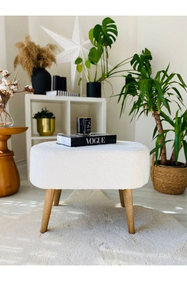 Gürgen Ceviz Ahşap Ayak Kırık Beyaz Pofidik Tedy Handmade Oval Puf Bench Sandalye