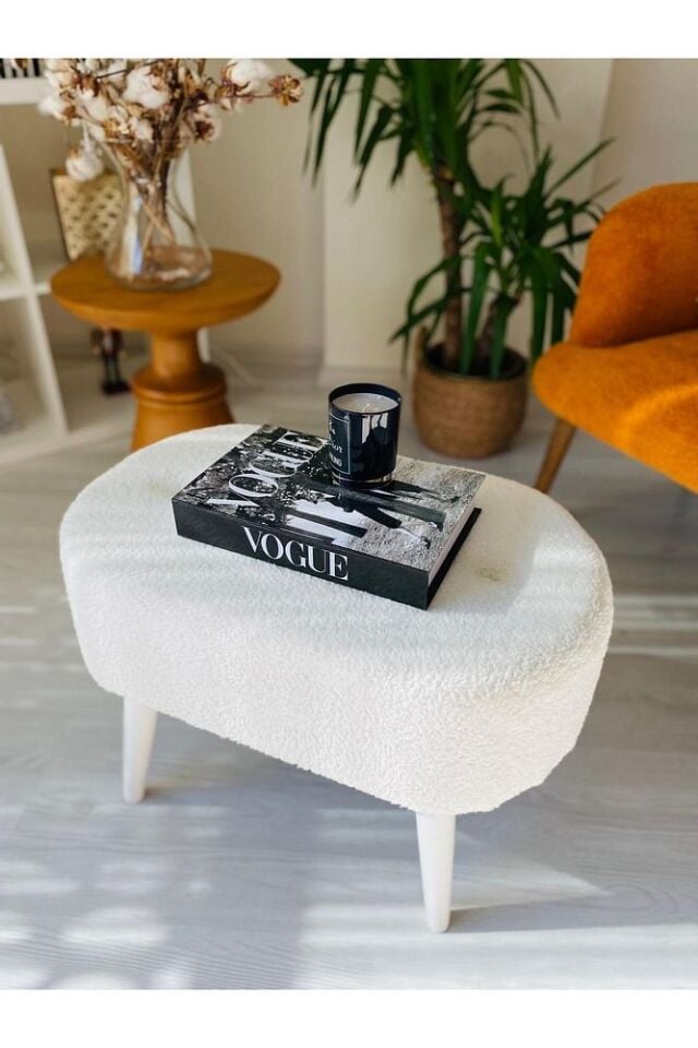 Gürgen Ceviz Ahşap Ayak Kırık Beyaz Pofidik Tedy Handmade Oval Puf Bench Sandalye