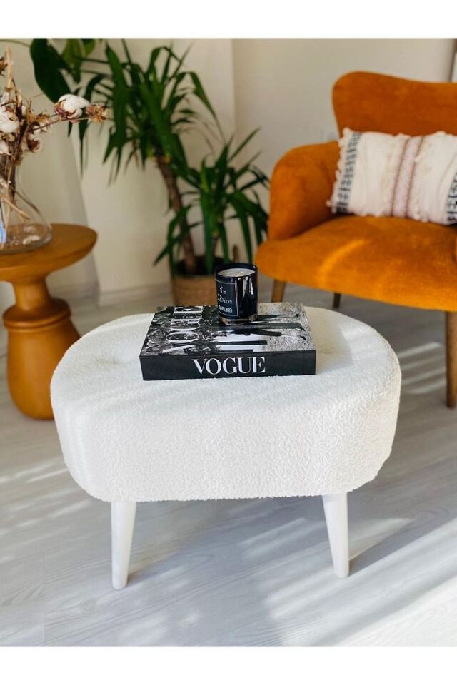 Gürgen Ceviz Ahşap Ayak Kırık Beyaz Pofidik Tedy Handmade Oval Puf Bench Sandalye