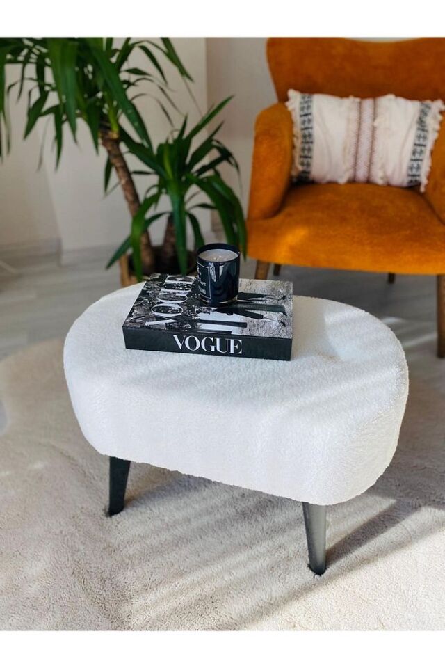 Gürgen Ceviz Ahşap Ayak Kırık Beyaz Pofidik Tedy Handmade Oval Puf Bench Sandalye