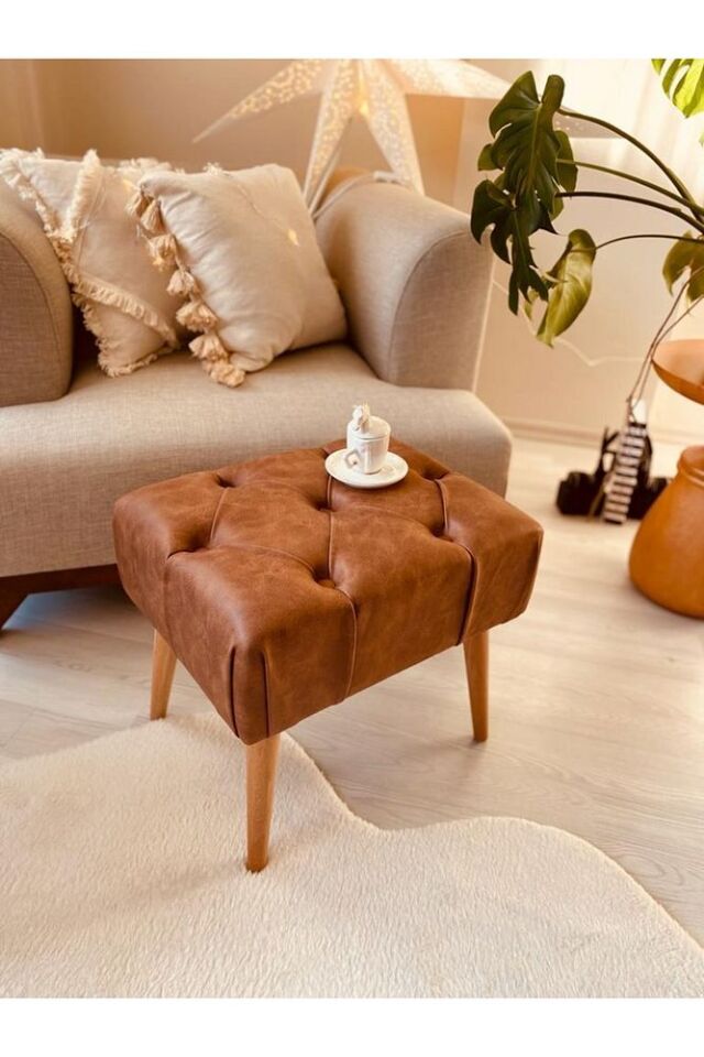 Retro Ahşap Ayak Rahat Oturum Alanı El Örme Kapitone Kaplama Nubuk Kahverengi Kumaş Bench