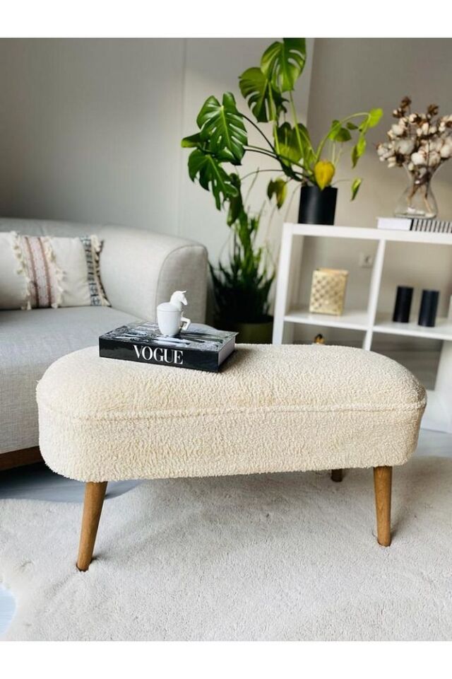 Retro Ceviz Renk Ahşap Ayaklı Geniş Oturum Alanlı Oval Bench Puf Kahverengi Teddy Kumaş