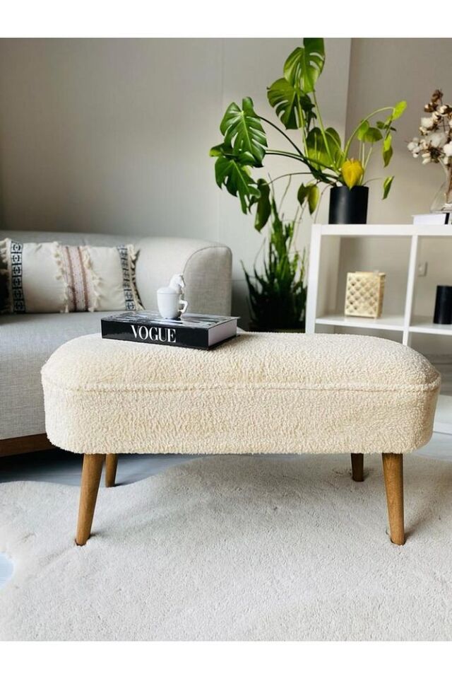 Retro Ceviz Renk Ahşap Ayaklı Geniş Oturum Alanlı Oval Bench Puf Kahverengi Teddy Kumaş