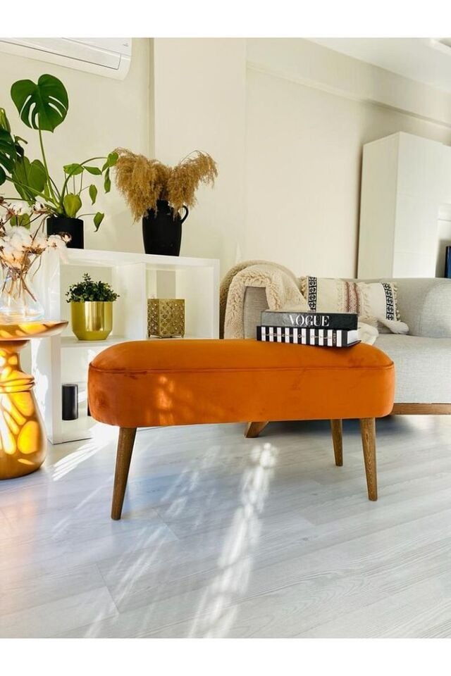 Retro Gürgen Ceviz Renk Ahşap Ayaklı Geniş Oturum Alanlı Özel Tasarım Oval Bench Turuncu