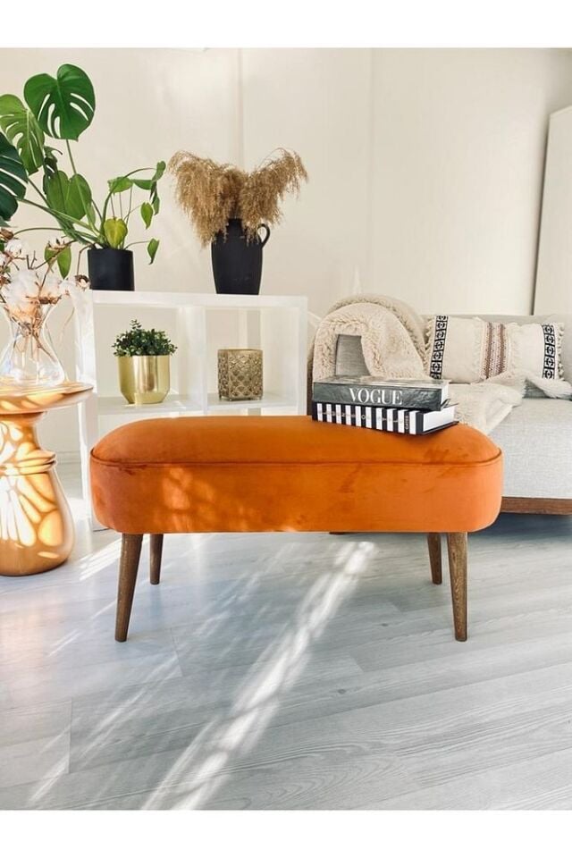 Retro Gürgen Ceviz Renk Ahşap Ayaklı Geniş Oturum Alanlı Özel Tasarım Oval Bench Turuncu