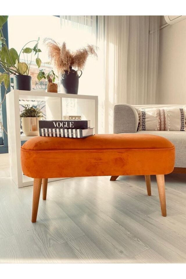 Retro Gürgen Ceviz Renk Ahşap Ayaklı Geniş Oturum Alanlı Özel Tasarım Oval Bench Turuncu