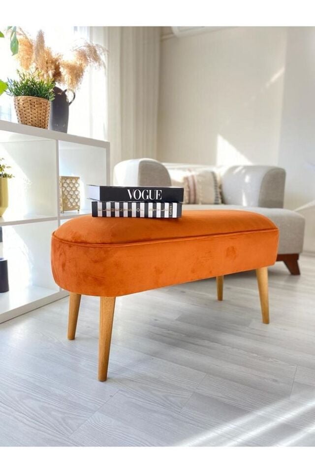 Retro Gürgen Ceviz Renk Ahşap Ayaklı Geniş Oturum Alanlı Özel Tasarım Oval Bench Turuncu