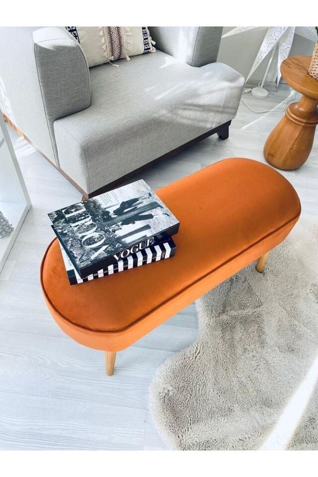 Retro Gürgen Ceviz Renk Ahşap Ayaklı Geniş Oturum Alanlı Özel Tasarım Oval Bench Turuncu