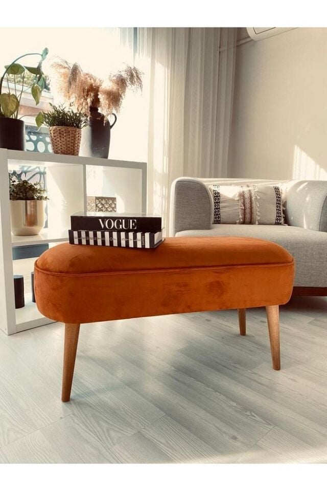 Retro Gürgen Ceviz Renk Ahşap Ayaklı Geniş Oturum Alanlı Özel Tasarım Oval Bench Turuncu