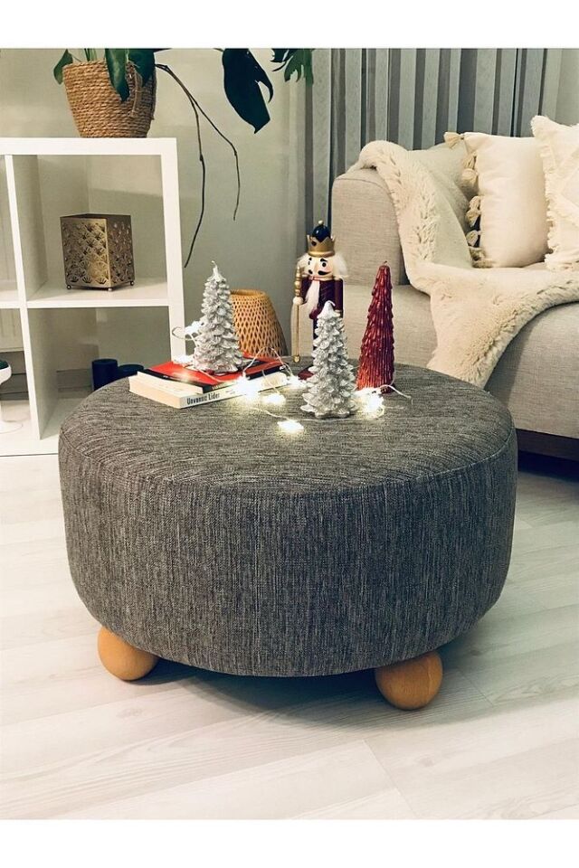 Gürgen Ahşap Ayak Xlarge Oturma Alanı Dekoratif Kete Gri Kumaş Pofidik Puf Bench Orta Sehpa