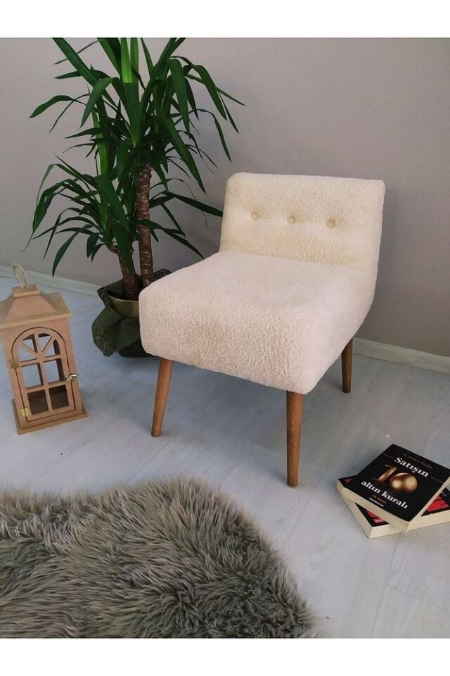 Rahat Oturum Alanlı Retro Gürgen Ahşap Ayaklı Krem Teddy Kumaş Sırtlı Puf
