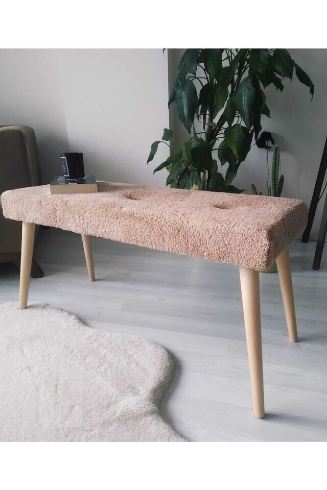 Ahşap Ayaklı Handmade Geniş Oturum Alanlı Turuncu Tedy Kumaş Pofidik Puf Bench Koltuk