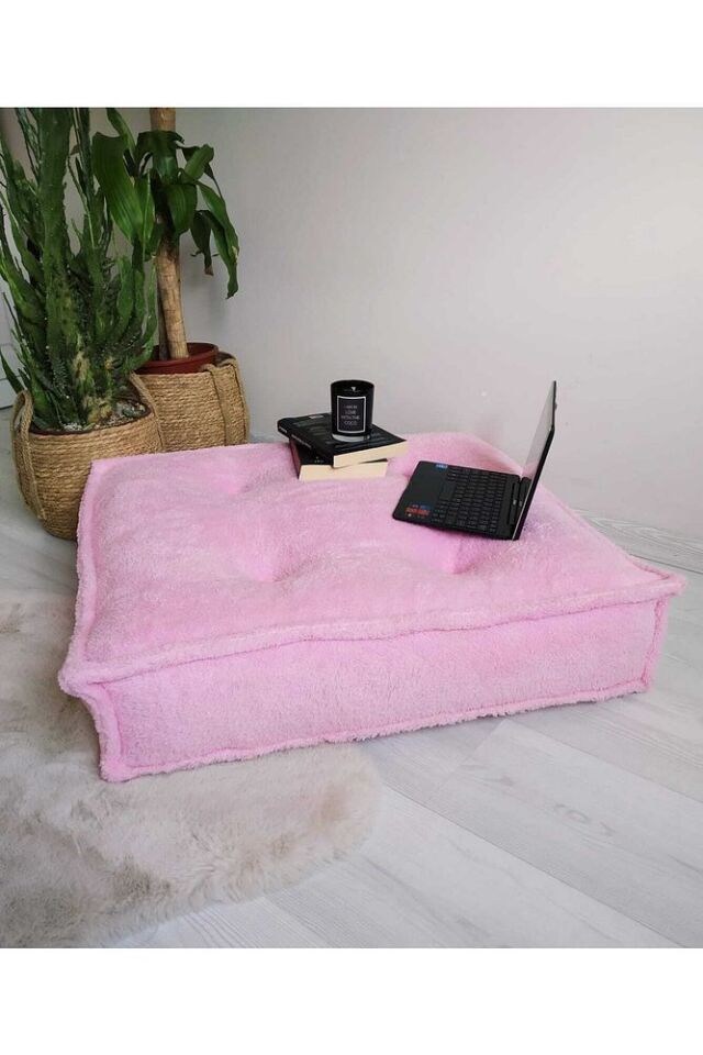 Yumuşak Dolgulu Pembe Tedy Kumaş Kare Bisküvi Minder Puf
