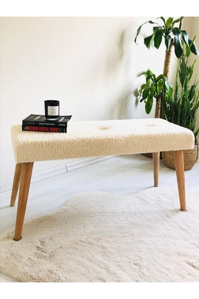 Webpanya Ahşap Ayaklı Handmade 90 Cm Geniş Oturum Alanlı Tedy Kumaş Krem Pofidik Puf Bench Koltuk