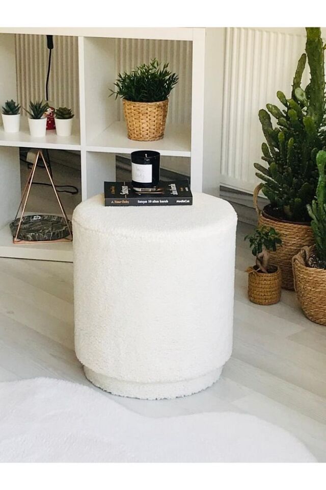 Webpanya Handmade Kırık Beyaz Tedy Kumaş Silindir Dekoratif Pufidik Puf Bench