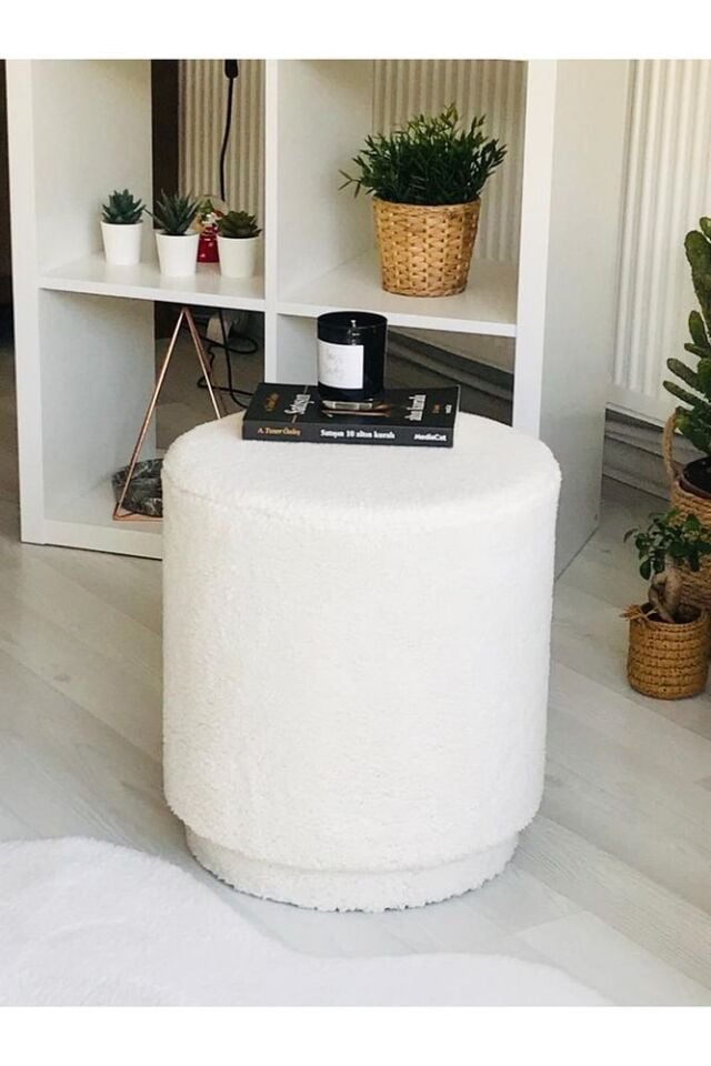 Webpanya Handmade Kırık Beyaz Tedy Kumaş Silindir Dekoratif Pufidik Puf Bench