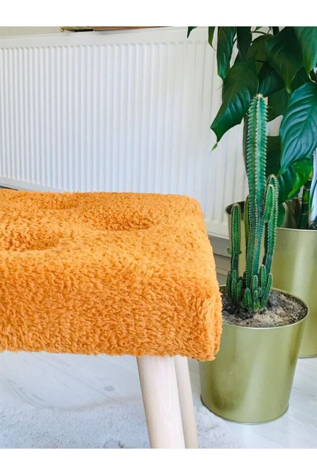 Gürgen Retro Ahşap Ayaklı Handmade Turuncu Pofidik Puf Bench Koltuk Sandalye