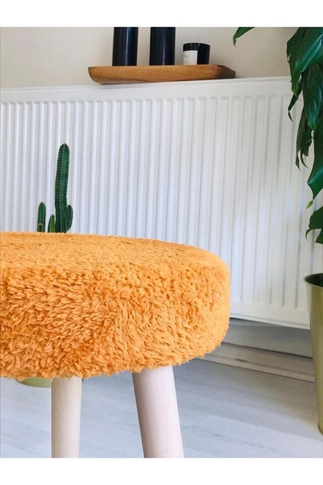 Gürgen Ahşap Retro Ayak Dekoratif Handmade Turuncu Peluş Puf Tabure Bench Koltuk Sandalye