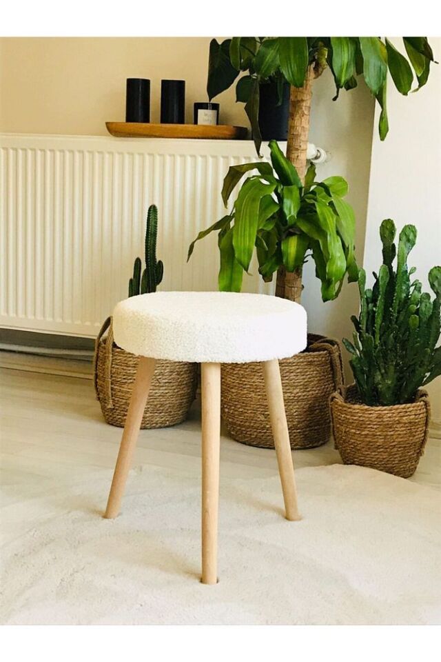 Gürgen Ahşap Retro Ayak Dekoratif Handmade Turuncu Peluş Puf Tabure Bench Koltuk Sandalye