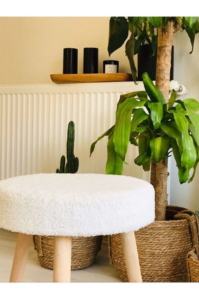 Gürgen Ahşap Retro Ayak Dekoratif Handmade Turuncu Peluş Puf Tabure Bench Koltuk Sandalye