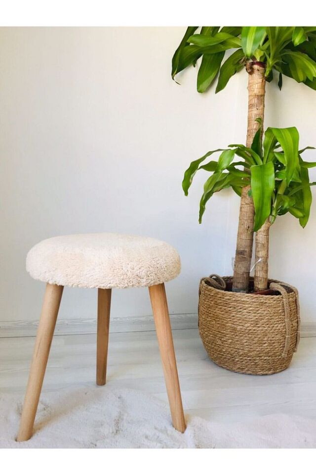 Gürgen Ahşap Retro Ayak Dekoratif Handmade Turuncu Peluş Puf Tabure Bench Koltuk Sandalye
