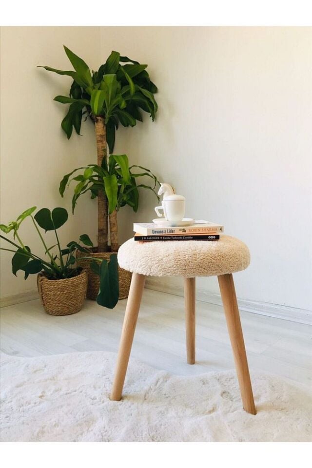 Gürgen Ahşap Retro Ayak Dekoratif Handmade Turuncu Peluş Puf Tabure Bench Koltuk Sandalye